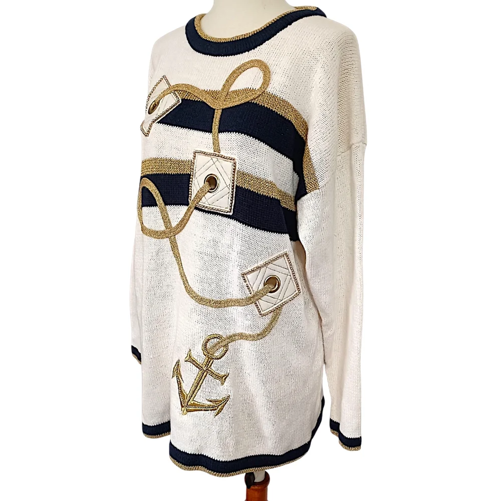 Vtg Cedars Nautical Sweater M Oversized Coastal‎ Ramie Preppy Yacht Club Chunky